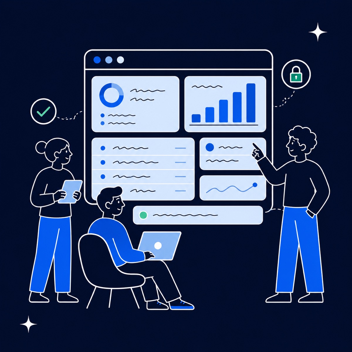 A team reviewing an internal dashboard built with Kashvi — secure and approved