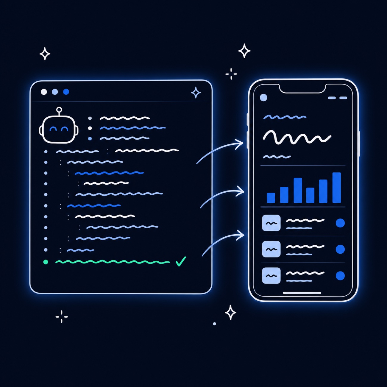 Kashvi writing an app: a code terminal streaming into a finished mobile app